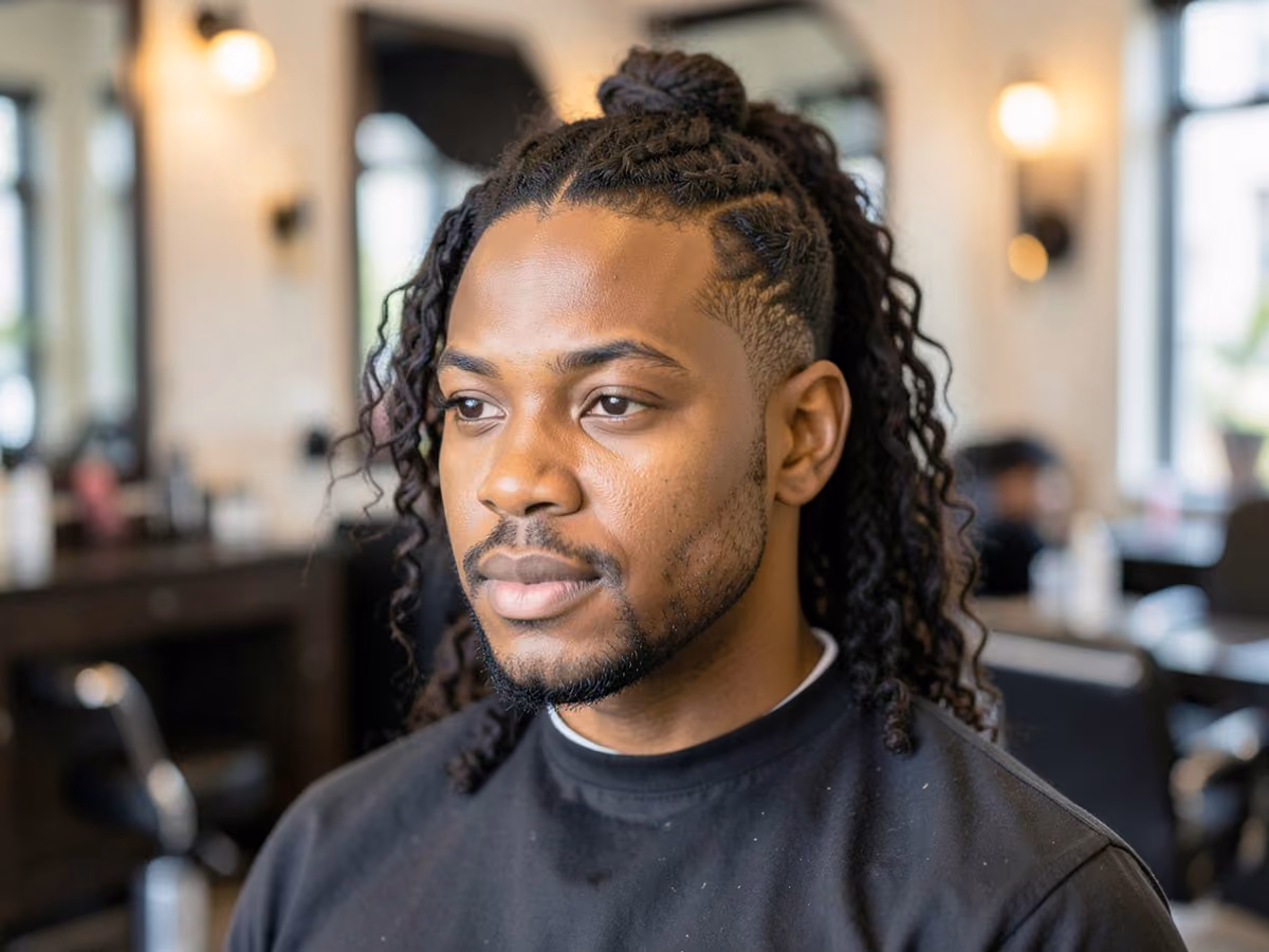 Man with a long curly half up haircut