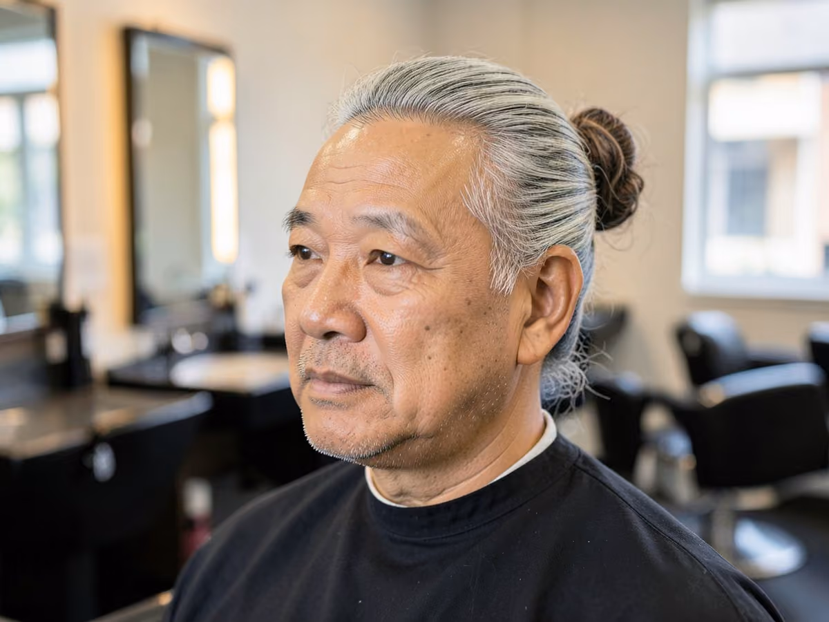Man with a long curly low bun haircut