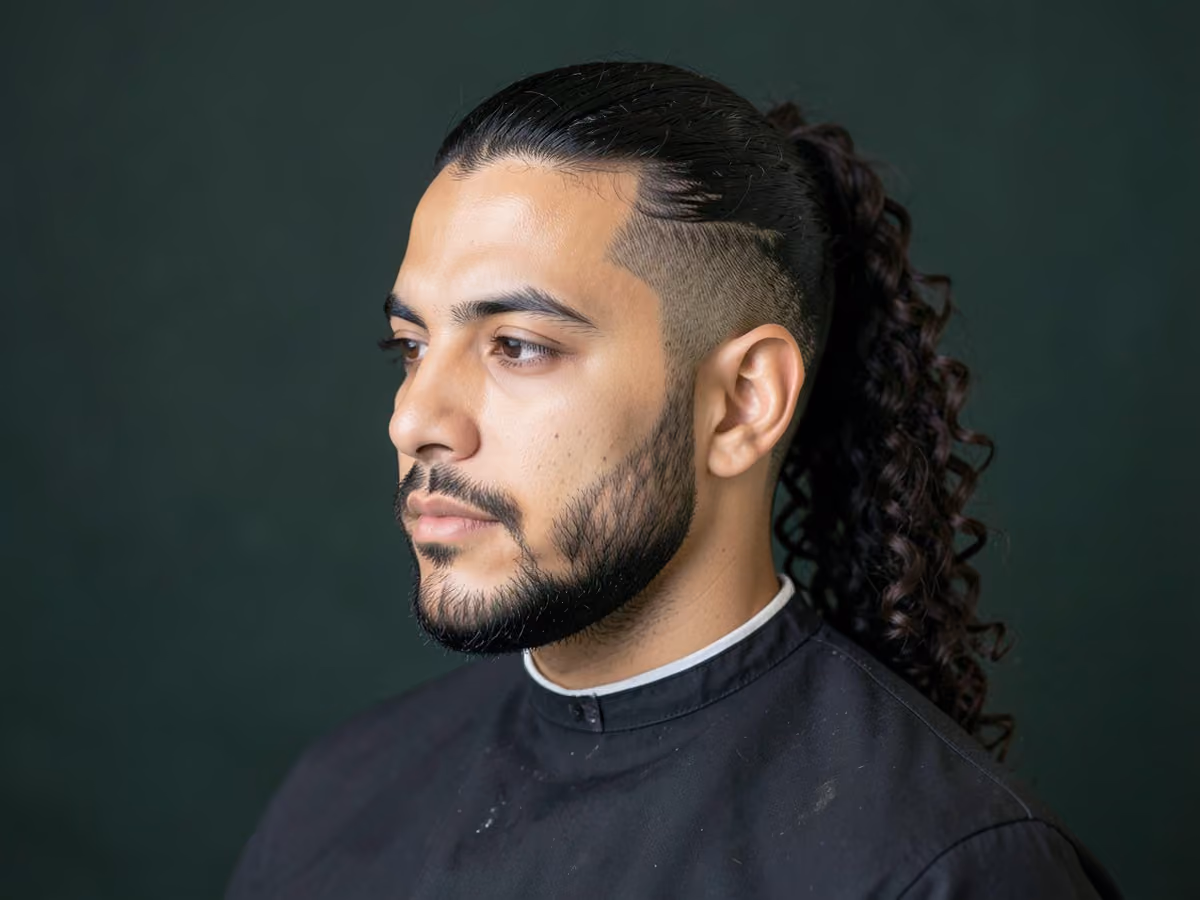 Man with a long curly ponytail haircut