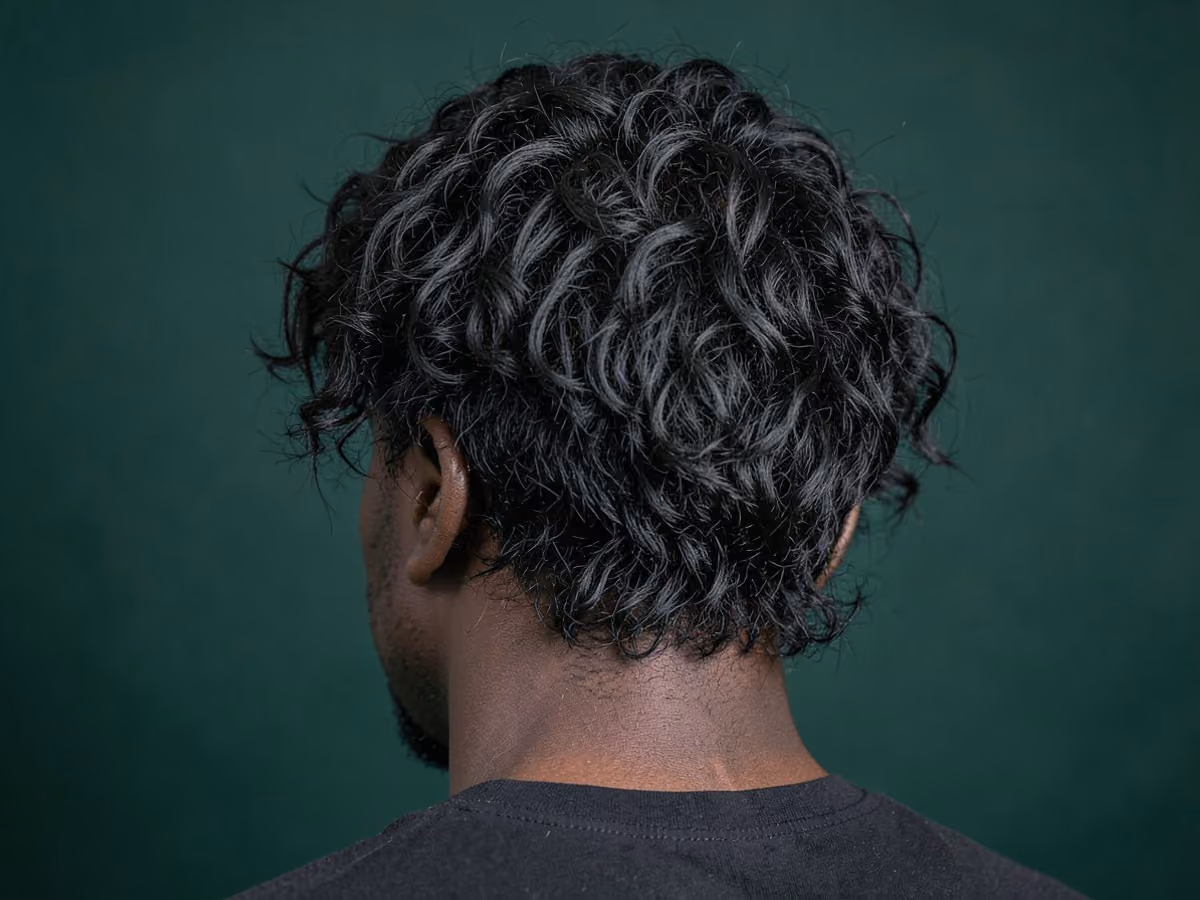 Man with a long curly shag haircut