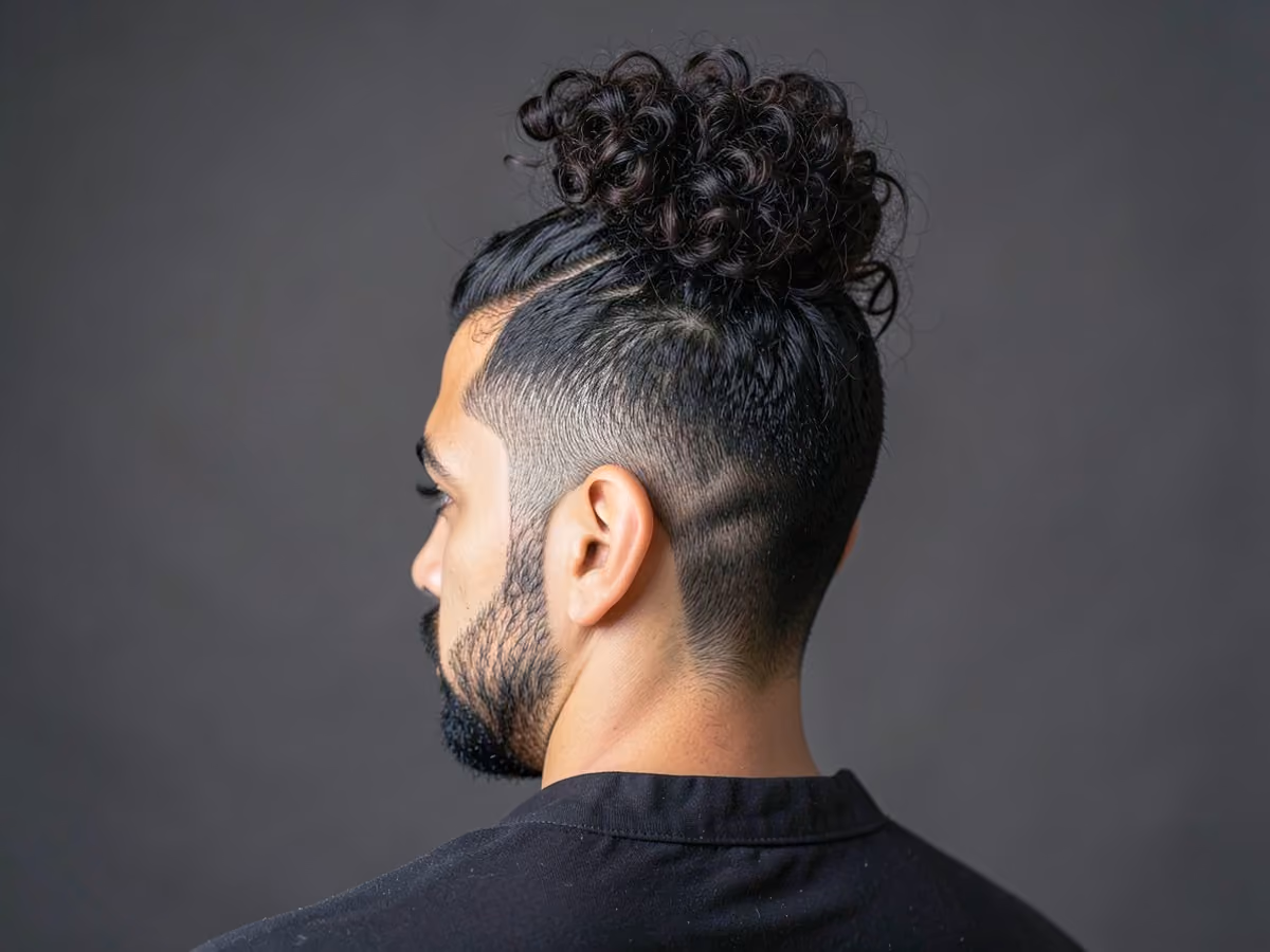 Man with a long curly top bun
