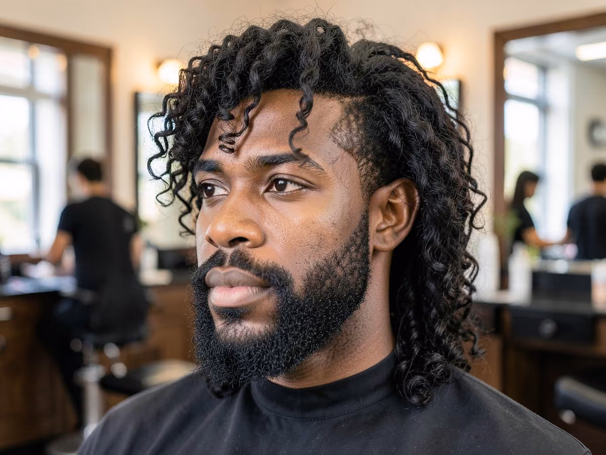 Man with a long curly wolf cut
