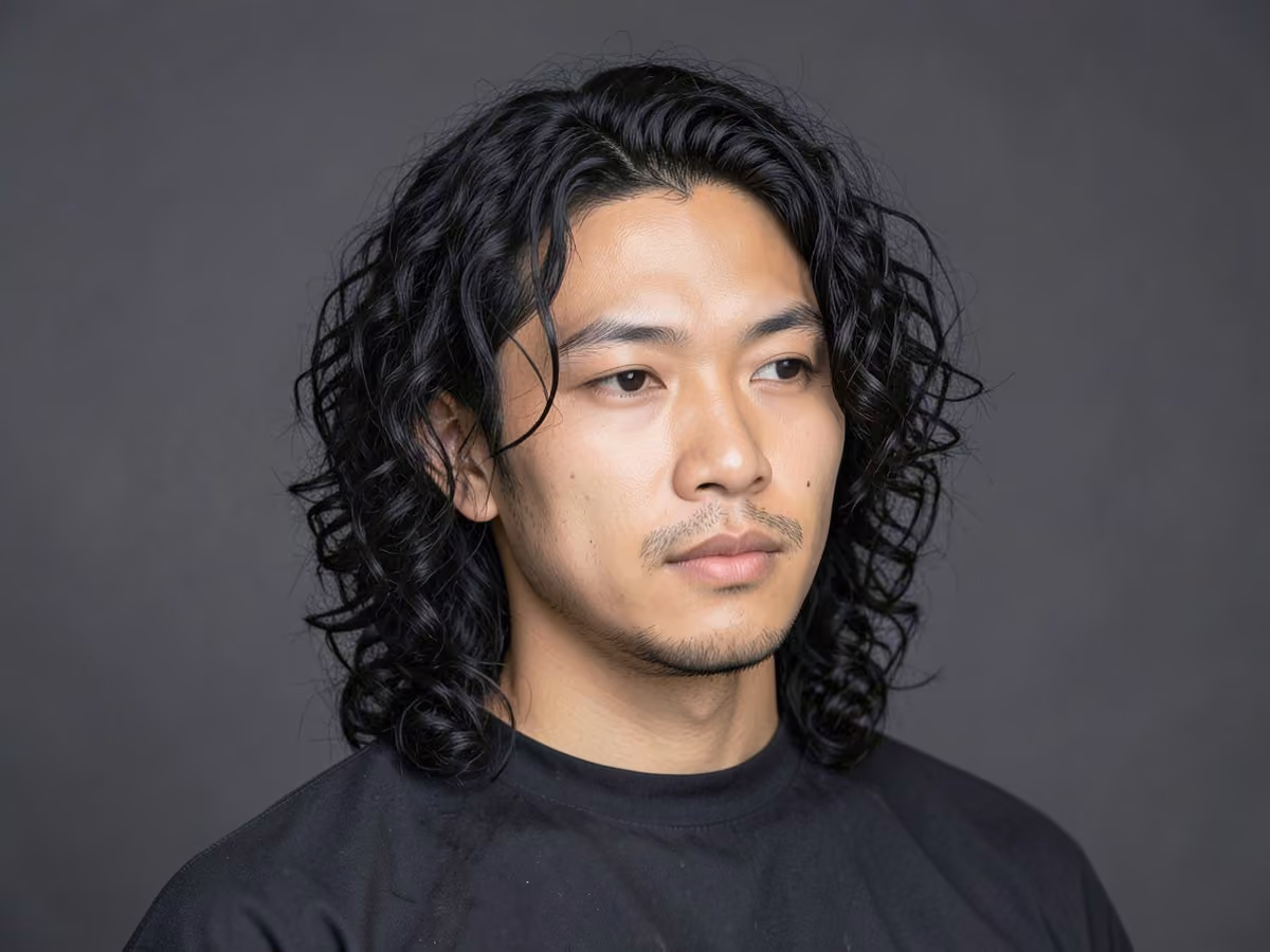 Man with a long layered curly hair