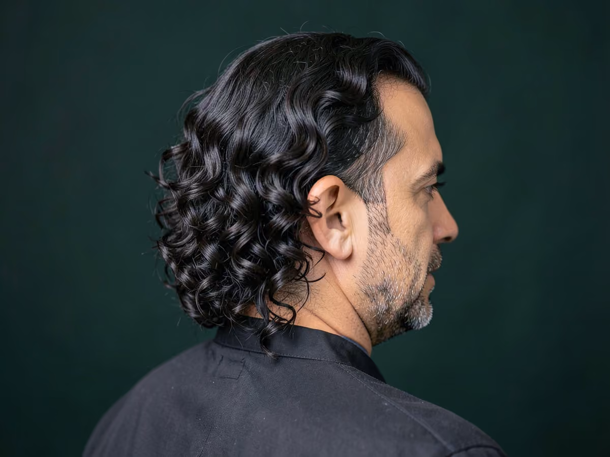 Man with a long ringlet curls haircut