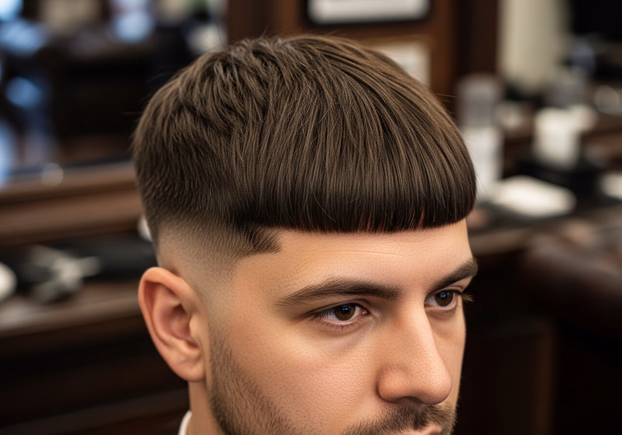 Horizontal Fringe Medium hairstyle for men 2026 — haircuts for long faces variation, best for long faces + straight hair, modern barbering by Master Stylist Jessica Hamilton