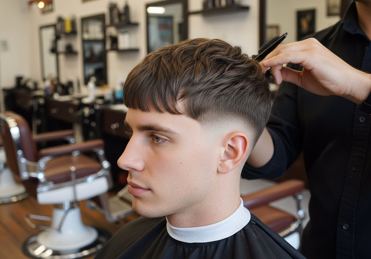 Horizontal Layered Crop hairstyle for men 2026 — haircuts for long faces variation, best for long faces + all hair types, modern barbering by Master Stylist Jessica Hamilton