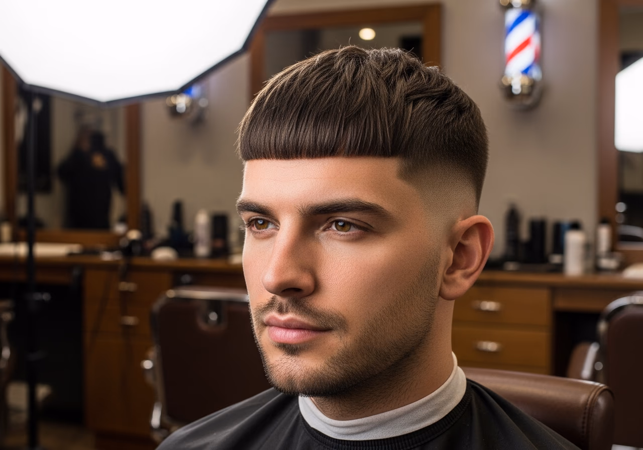 Horizontal Textured Fringe hairstyle for men 2026 — haircuts for long faces variation, best for long faces + wavy hair, modern barbering by Master Stylist Jessica Hamilton
