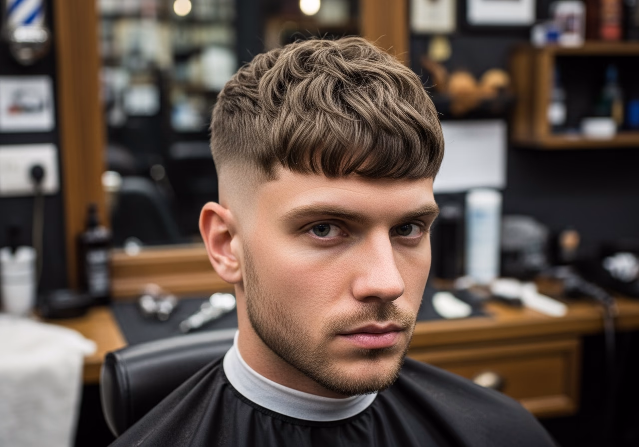 Low Fade Wide Fringe hairstyle for men 2026 — haircuts for long faces variation, best for long faces + wavy hair, modern barbering by Master Stylist Jessica Hamilton