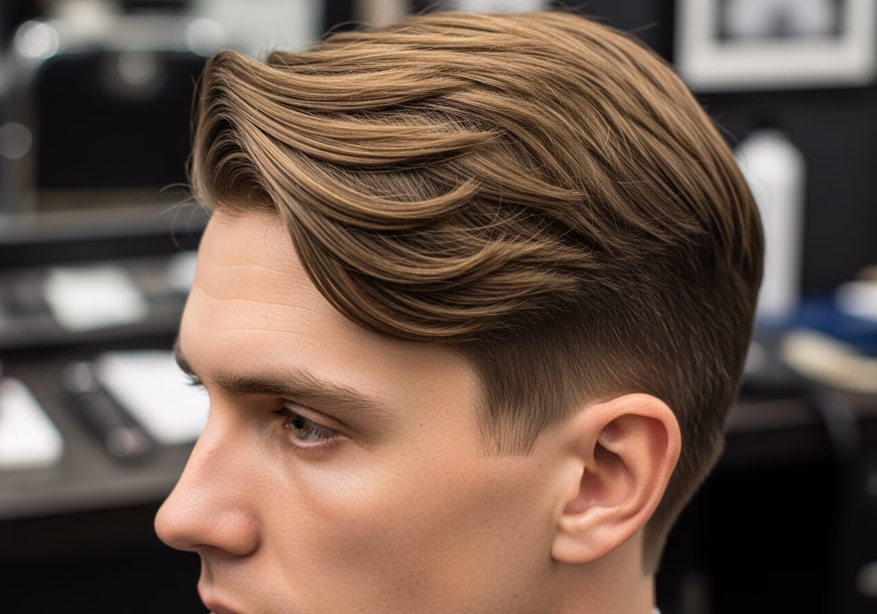 Rounded Side Swept Layers hairstyle for men 2026 — haircuts for long faces variation, best for long faces + wavy hair, modern barbering by Master Stylist Jessica Hamilton