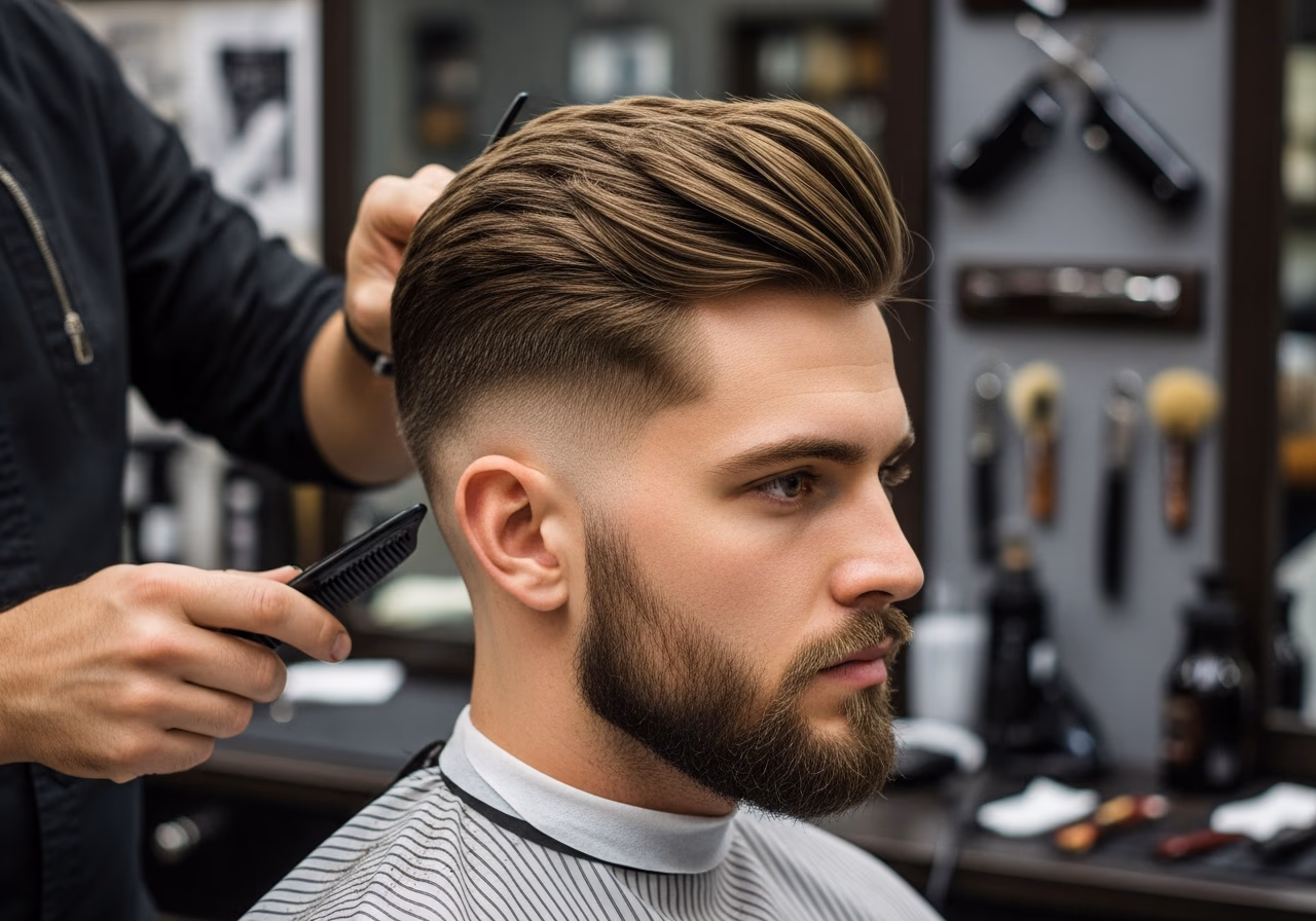 Voluminous Side Swept Crop hairstyle for men 2026 — haircuts for long faces variation, best for long faces + straight hair, modern barbering by Master Stylist Jessica Hamilton