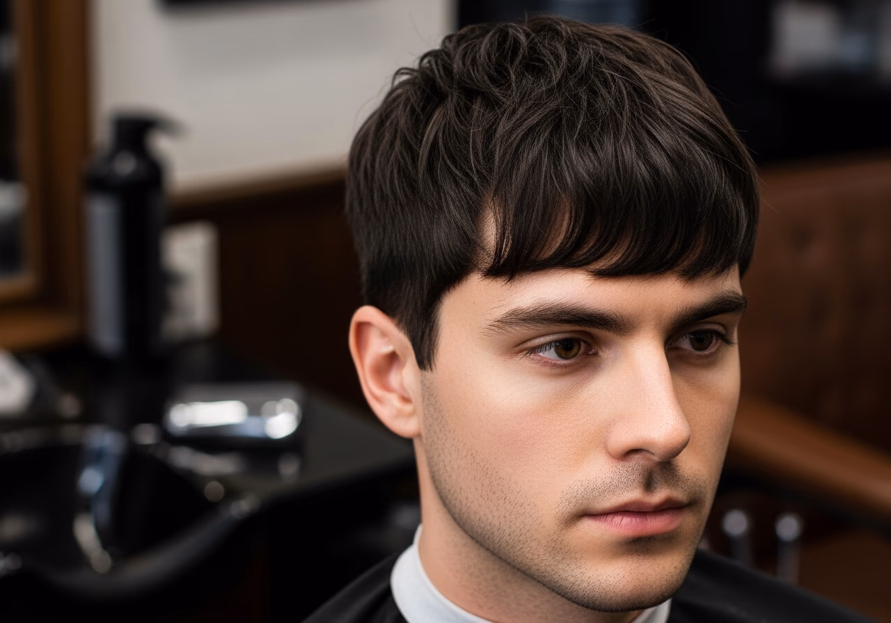 Wide Curtain Fringe Crop hairstyle for men 2026 — haircuts for long faces variation, best for long faces + straight or wavy hair, modern barbering by Master Stylist Jessica Hamilton