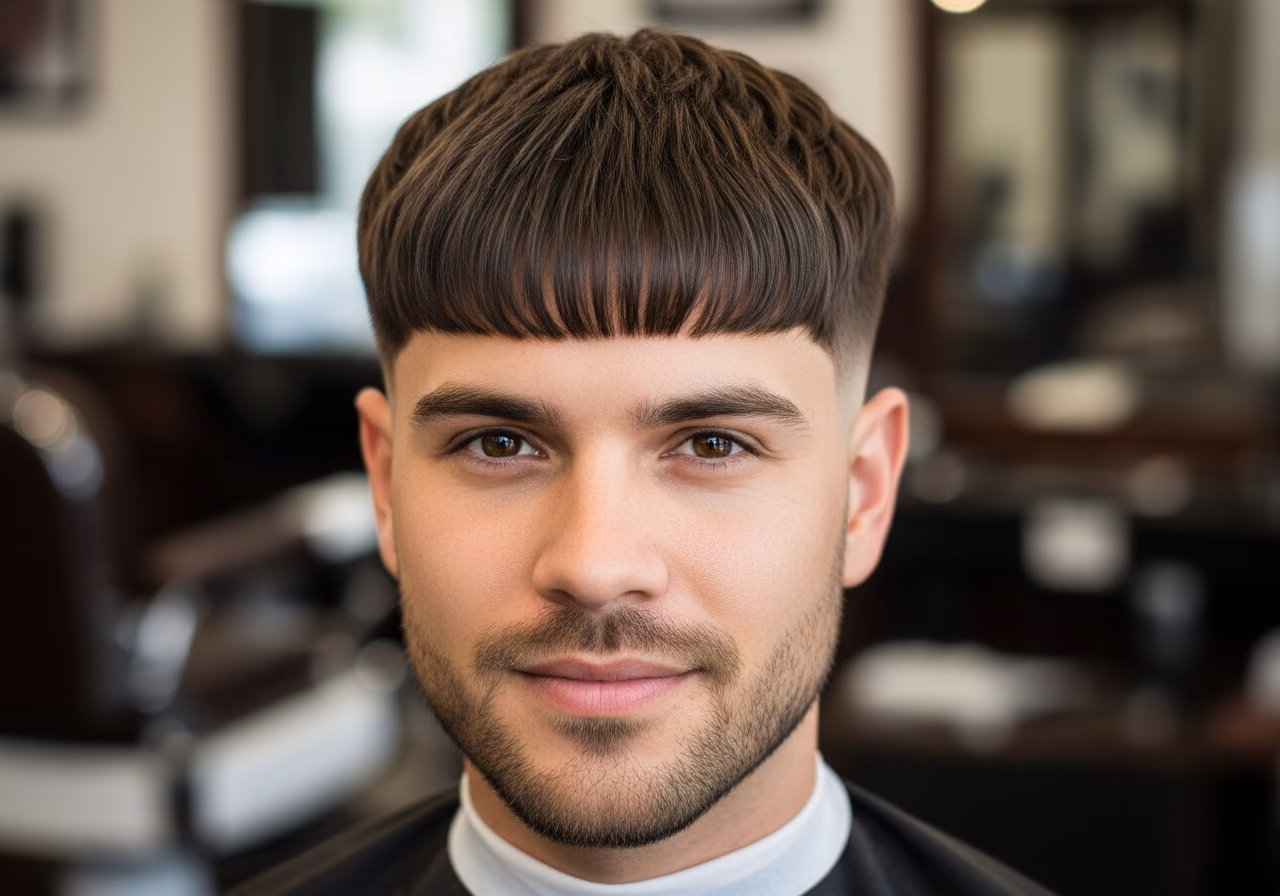 Wide Fringe Low Taper hairstyle for men 2026 — haircuts for long faces variation, best for long faces + straight hair, modern barbering by Master Stylist Jessica Hamilton