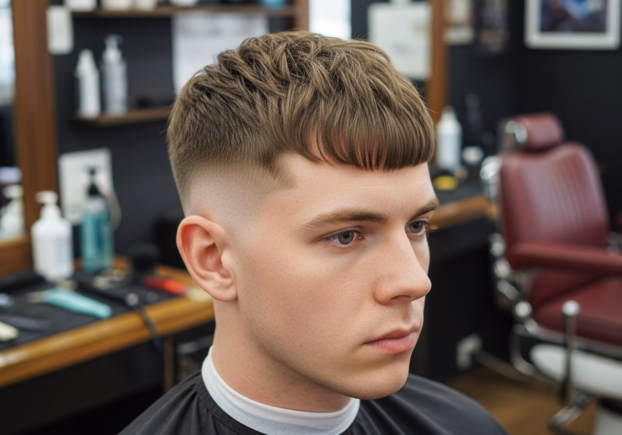 Wide Horizontal Fringe Taper hairstyle for men 2026 — haircuts for long faces variation, best for long faces + straight hair, modern barbering by Master Stylist Jessica Hamilton