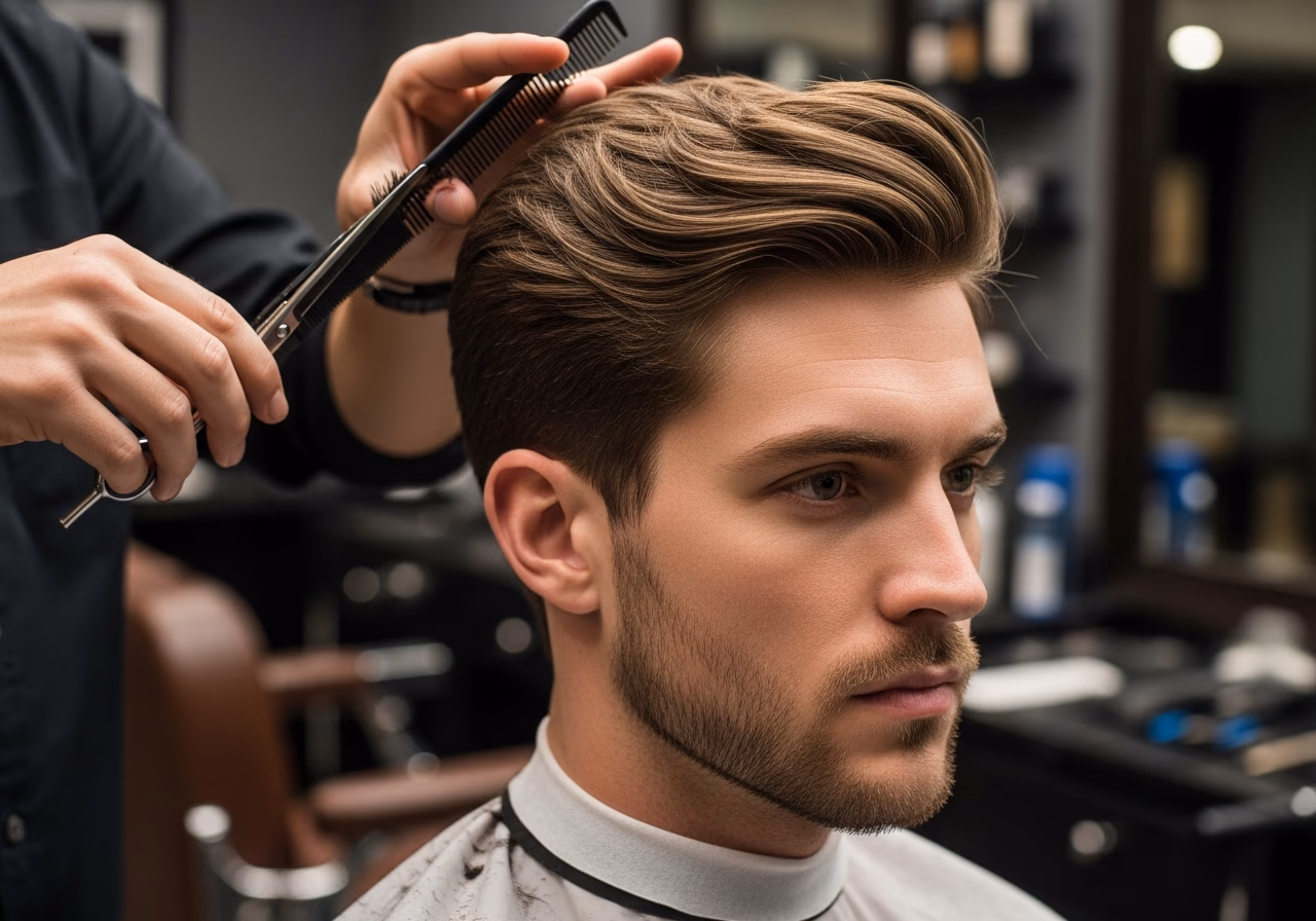 Wide Mop with Side Emphasis hairstyle for men 2026 — haircuts for long faces variation, best for long faces + wavy hair, modern barbering by Master Stylist Jessica Hamilton