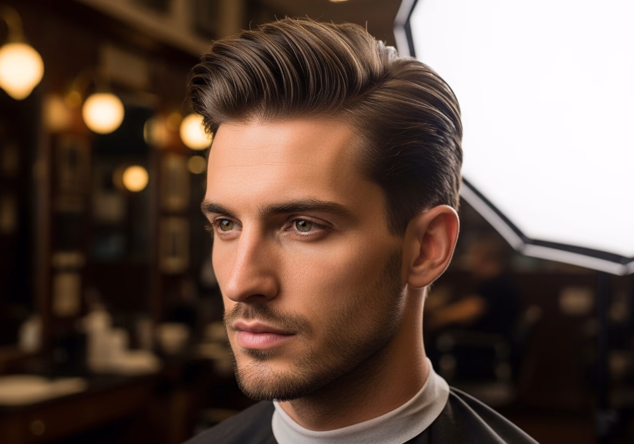 Wide Side Part with Temple Lift hairstyle for men 2026 — haircuts for long faces variation, best for long faces + straight hair, modern barbering by Master Stylist Jessica Hamilton