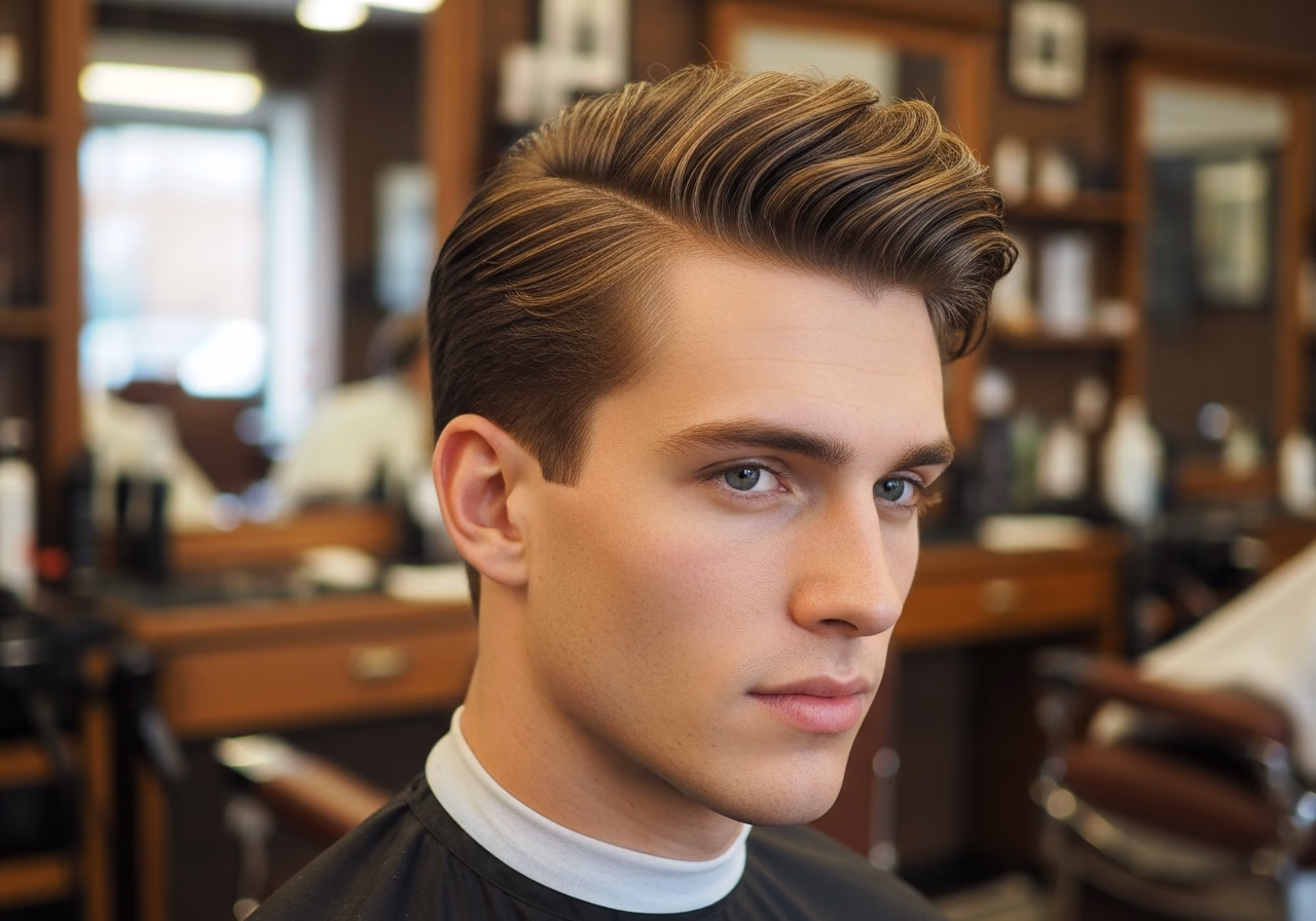 Wide Side Part Volume Cut hairstyle for men 2026 — haircuts for long faces variation, best for long faces + straight hair, modern barbering by Master Stylist Jessica Hamilton