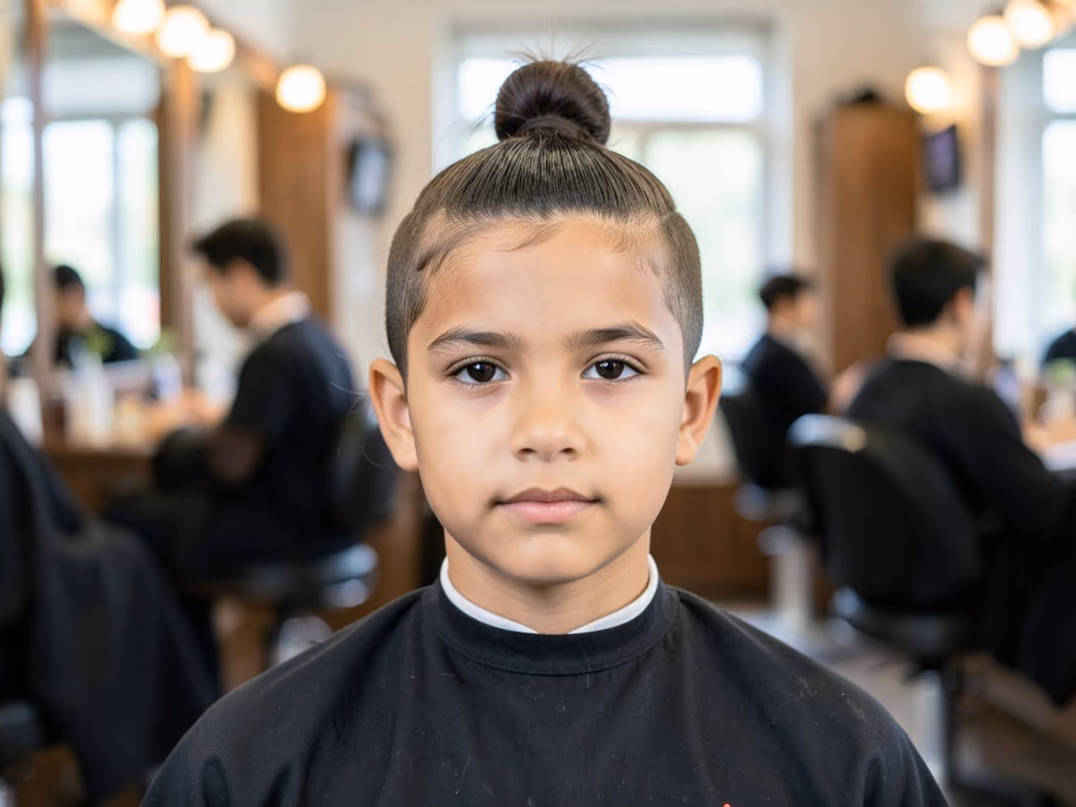 Boy with a boys half up bun haircut