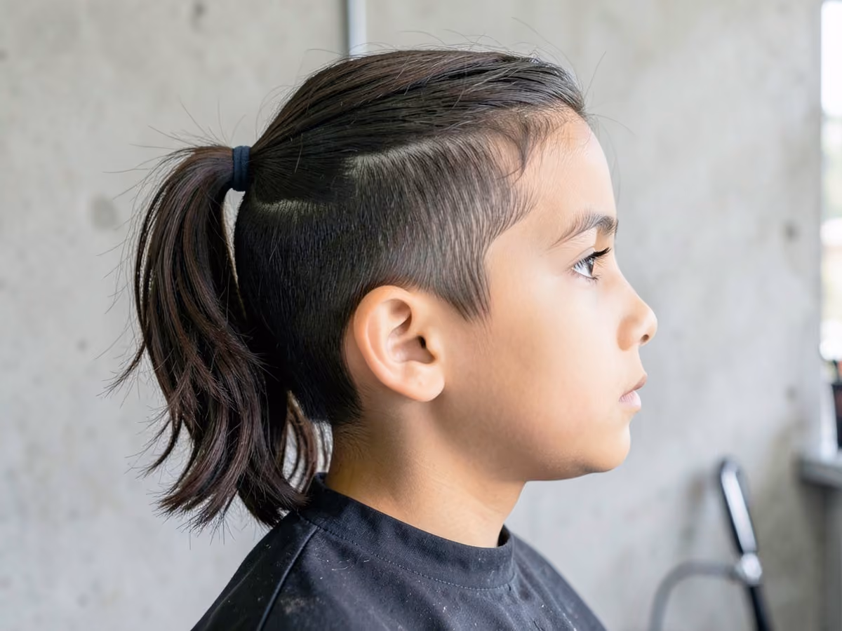 Boy with a boys ponytail haircut