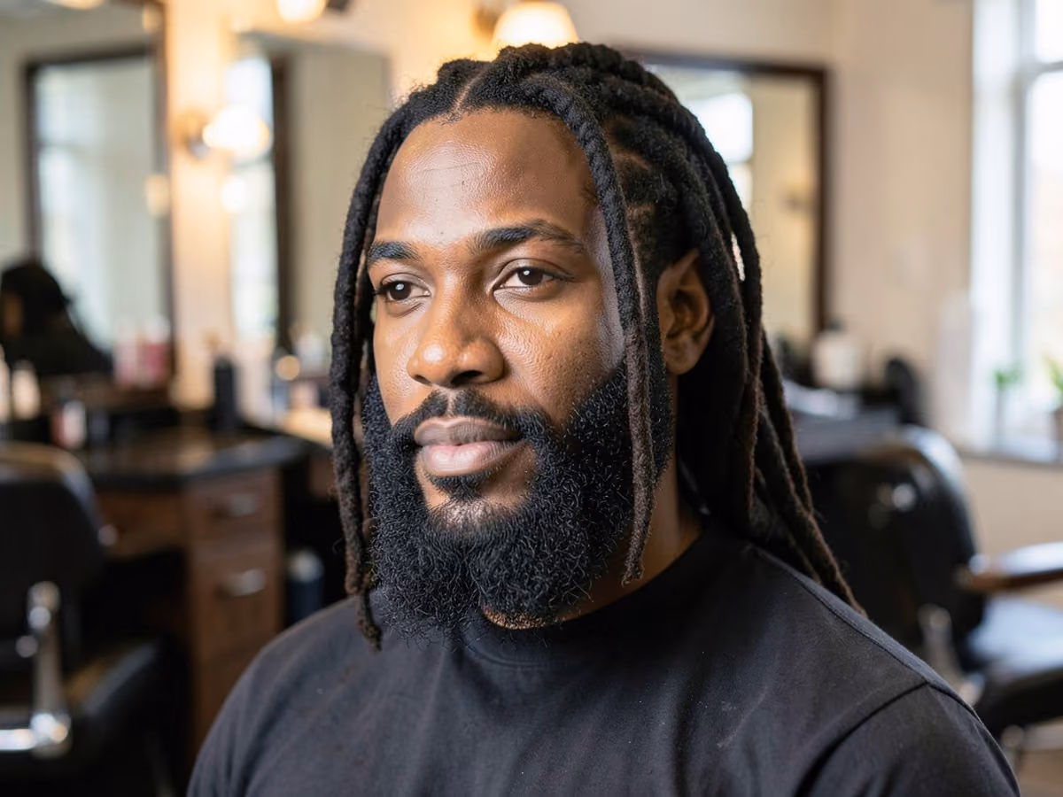 Man with a freeform locs with full beard haircut