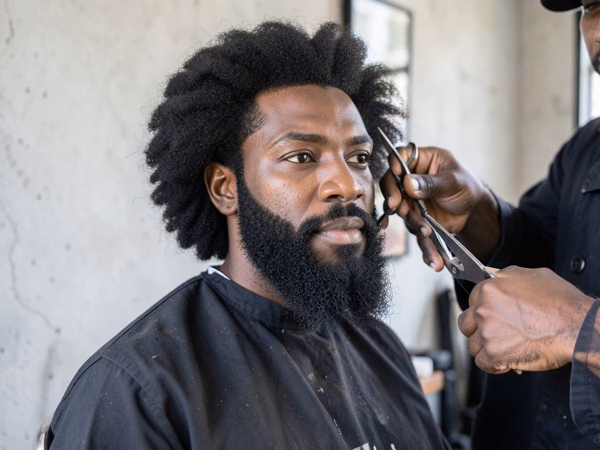 Man with a long afro with full beard haircut