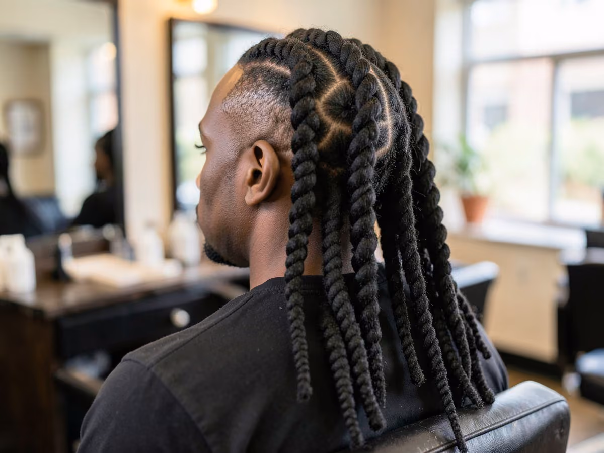 Man with a long barrel twists haircut