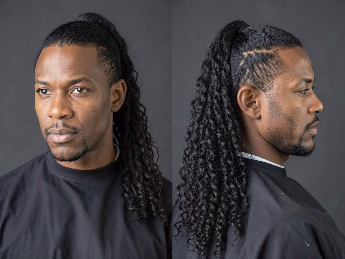 Man with a long blowout ponytail haircut
