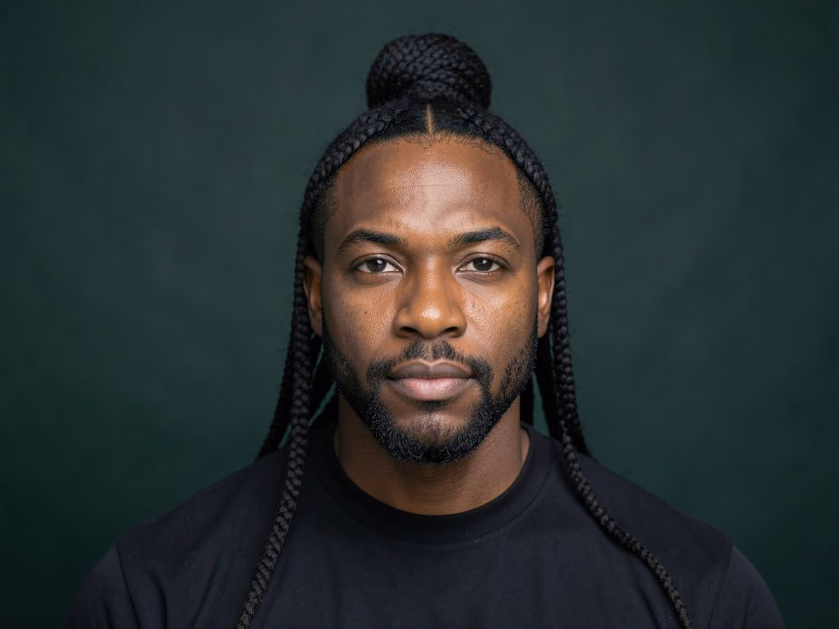 Man with a long box braids bun haircut
