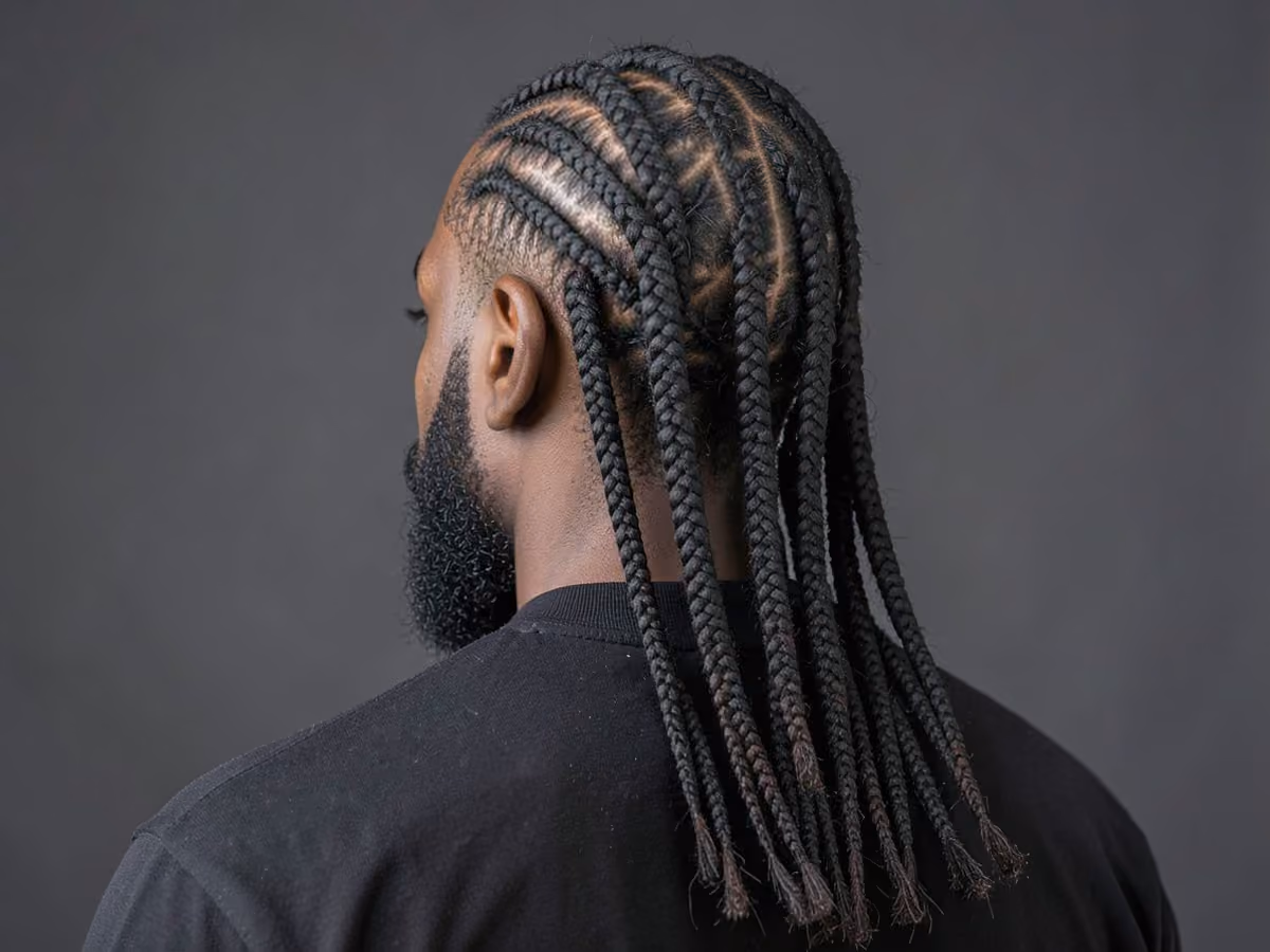 Man with a long feed-in braids haircut