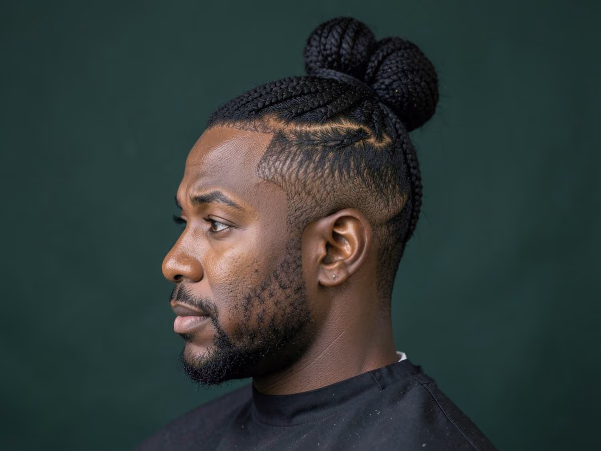Man with a long flat twist updo haircut