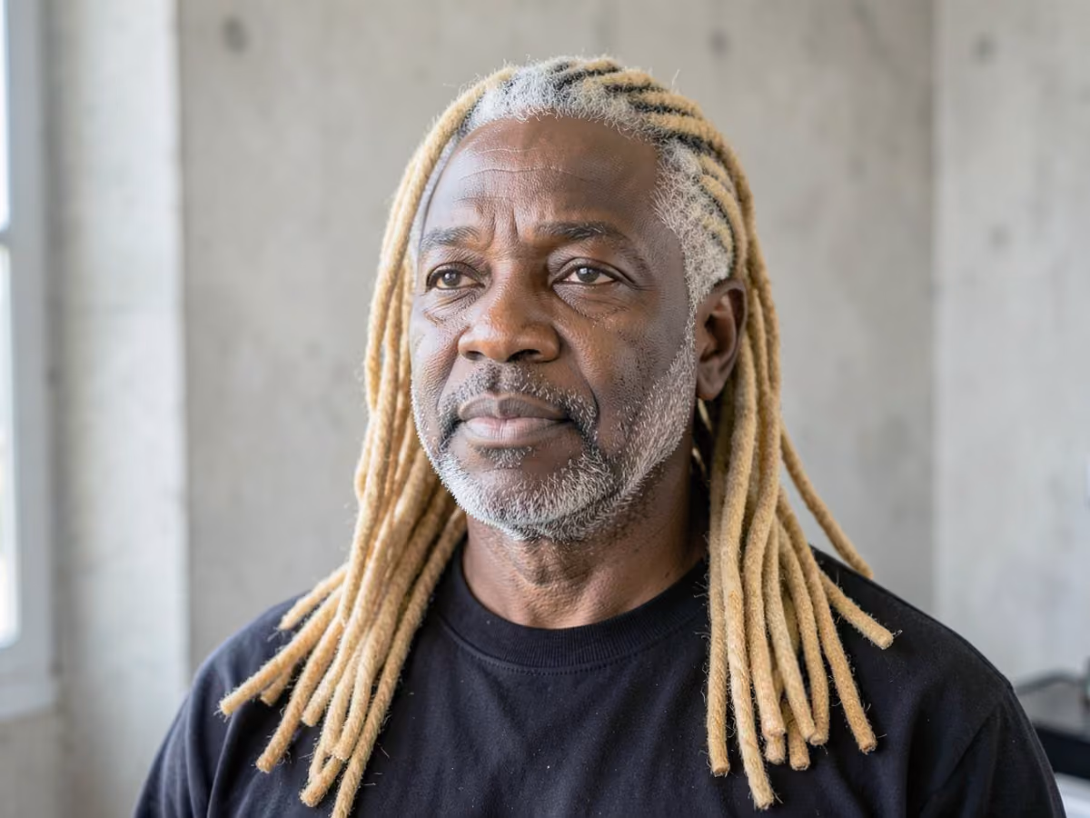 Man with a long honey blonde locs haircut