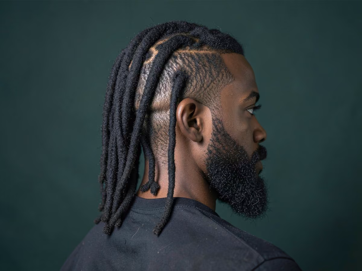 Man with a long locs with low taper haircut