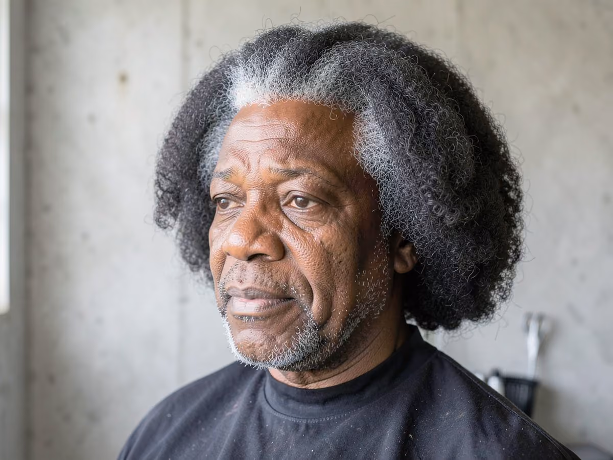 Man with a long rounded afro haircut