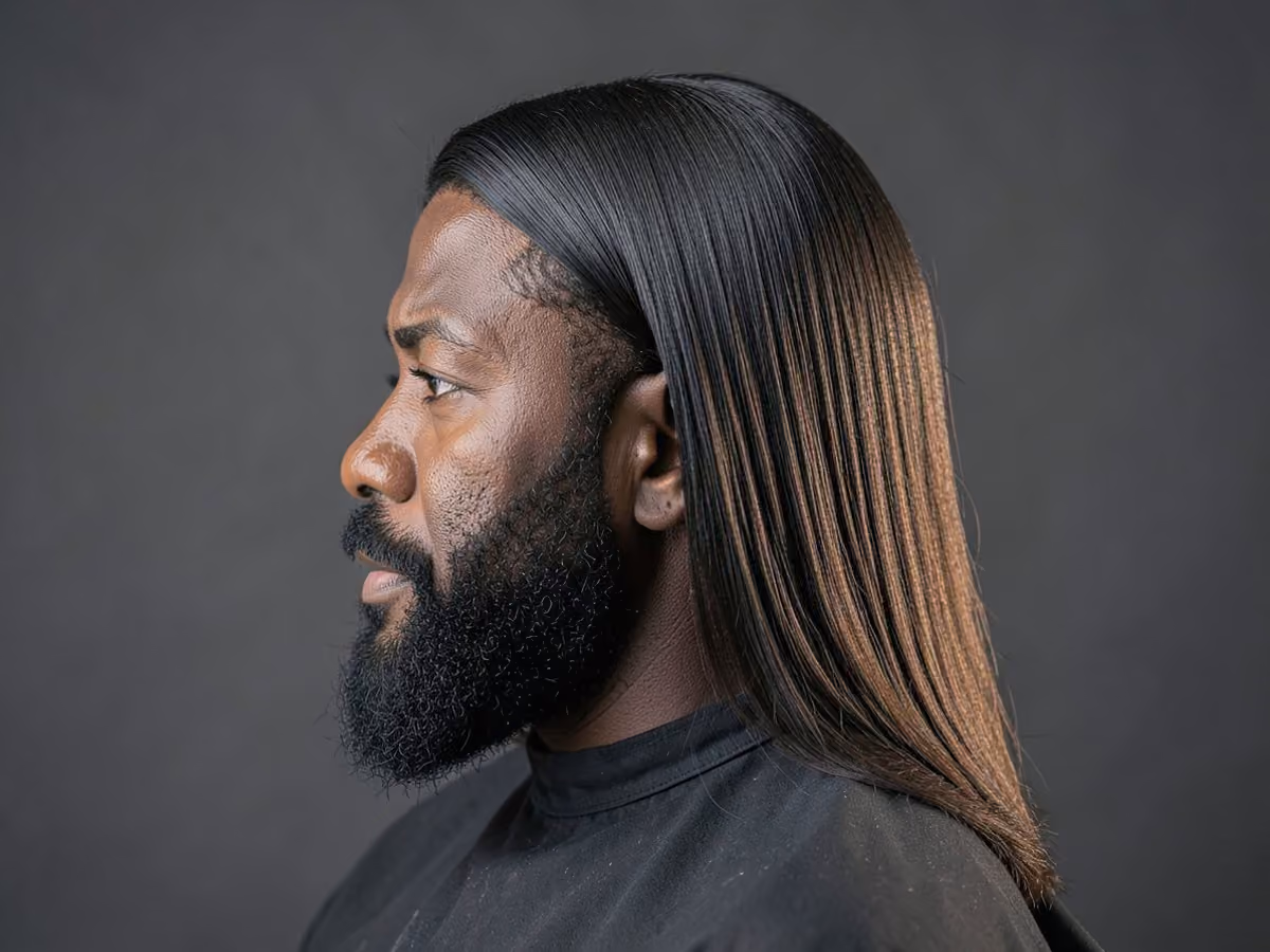 Man with a long silk press haircut