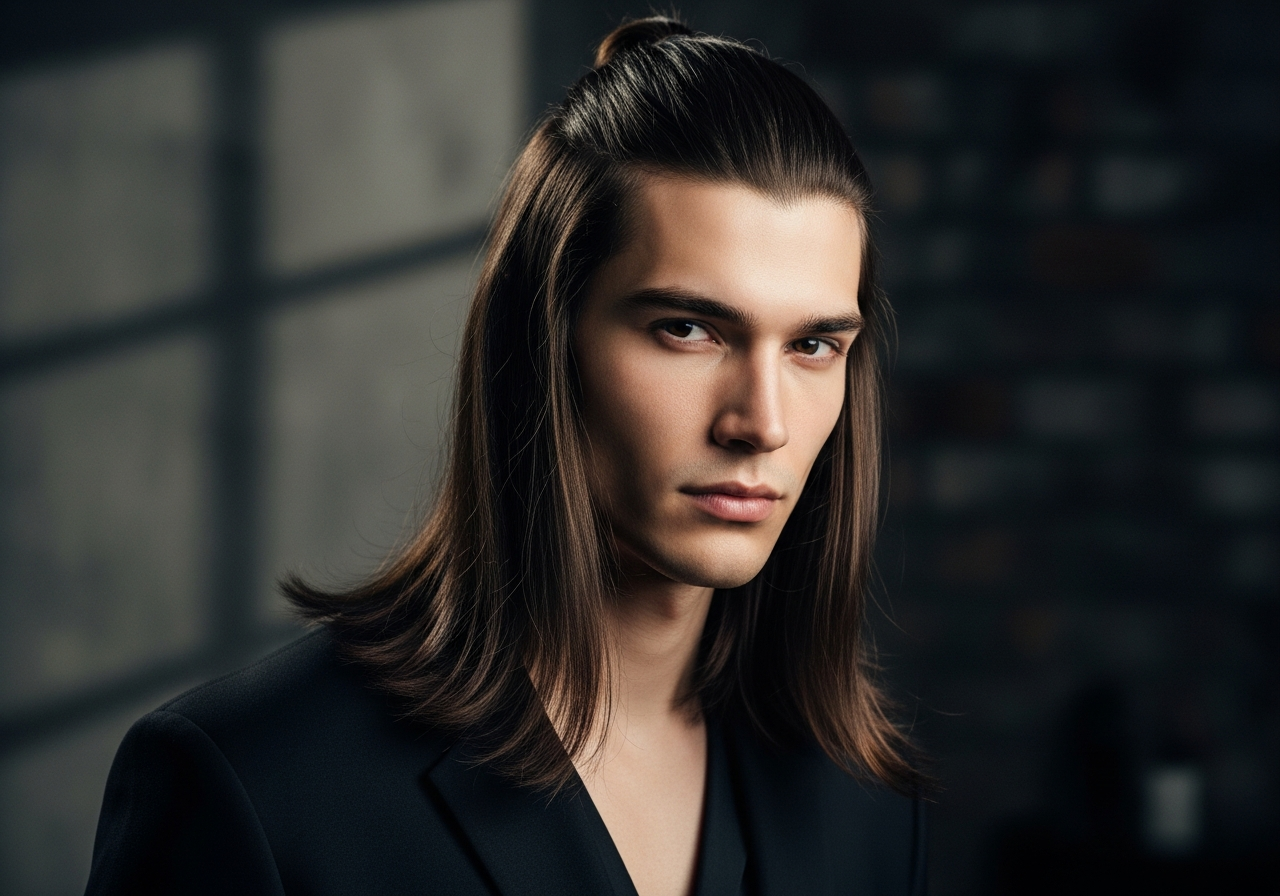 Men's Half-Up Ponytail Long Hair 2026 - Shoulder-length straight hair with top half tied back