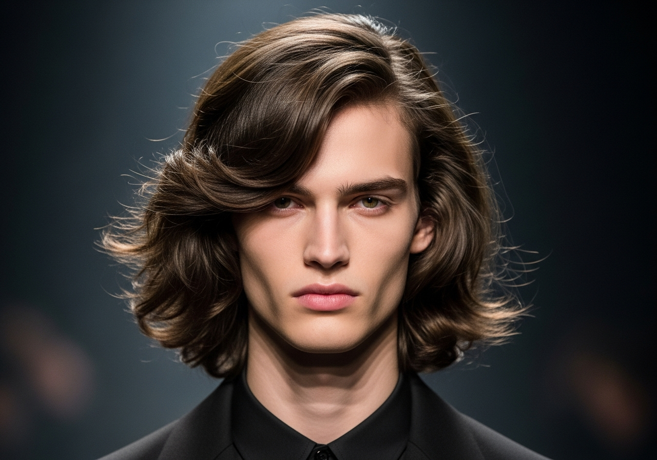 Men's Layered Long Hair Hairstyle 2026 - Shoulder-length flowing layers with natural movement for wavy thick hair