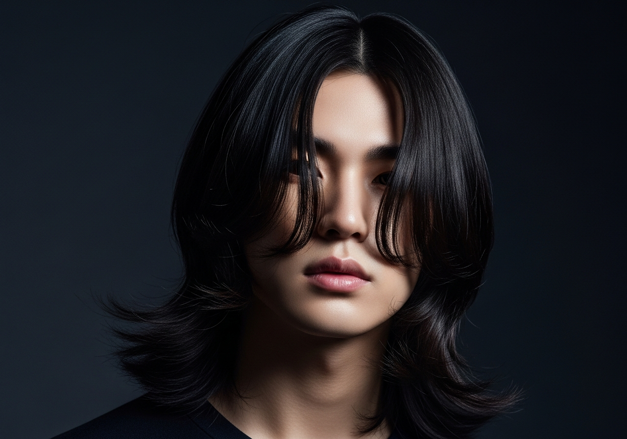 Men's Long Curtain Bangs with Layers 2026 - Shoulder-length straight hair with soft curtain bangs and layers