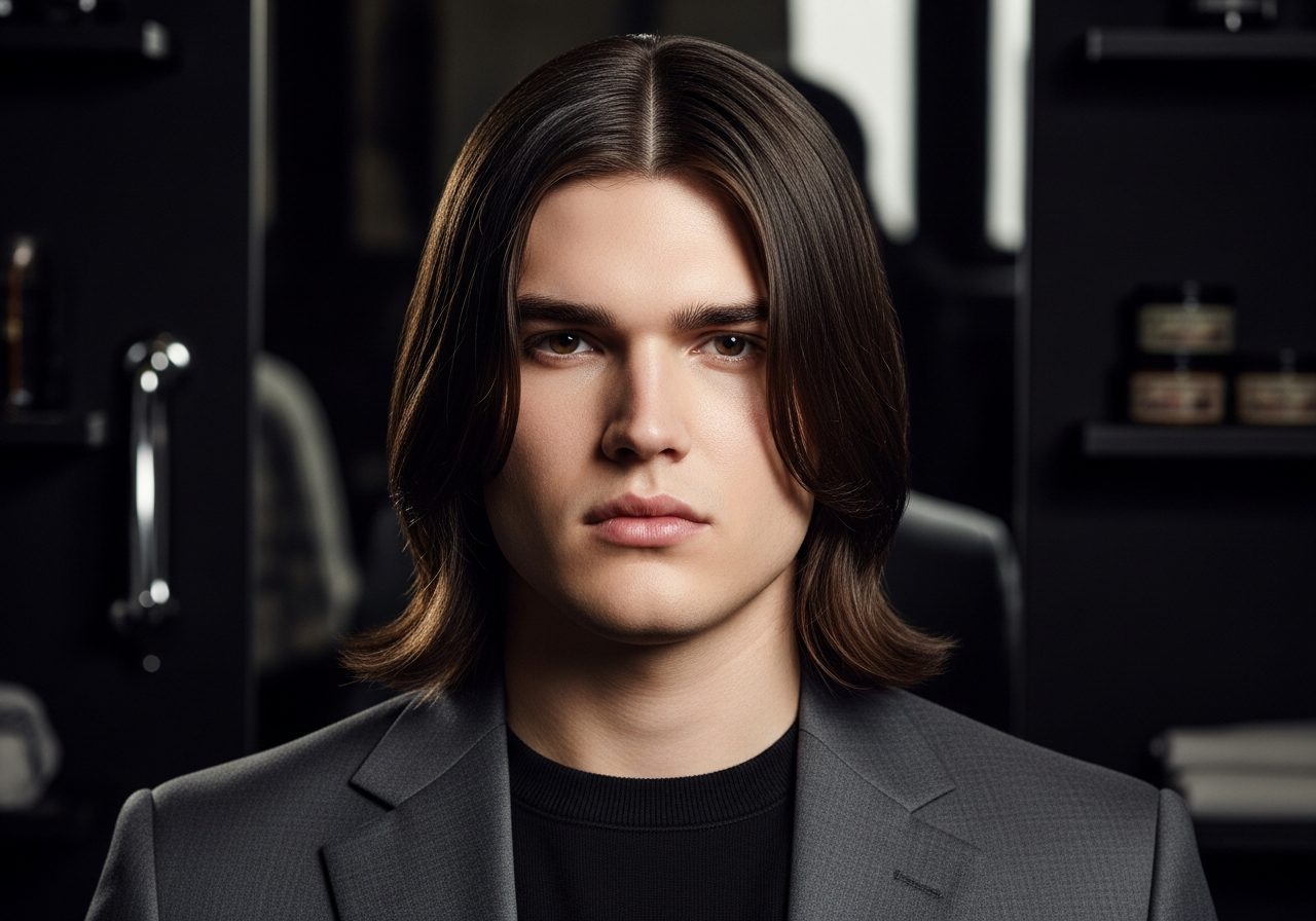 Men's Long Hair with Deep Middle Part 2026 - Shoulder-length straight hair with clean center part