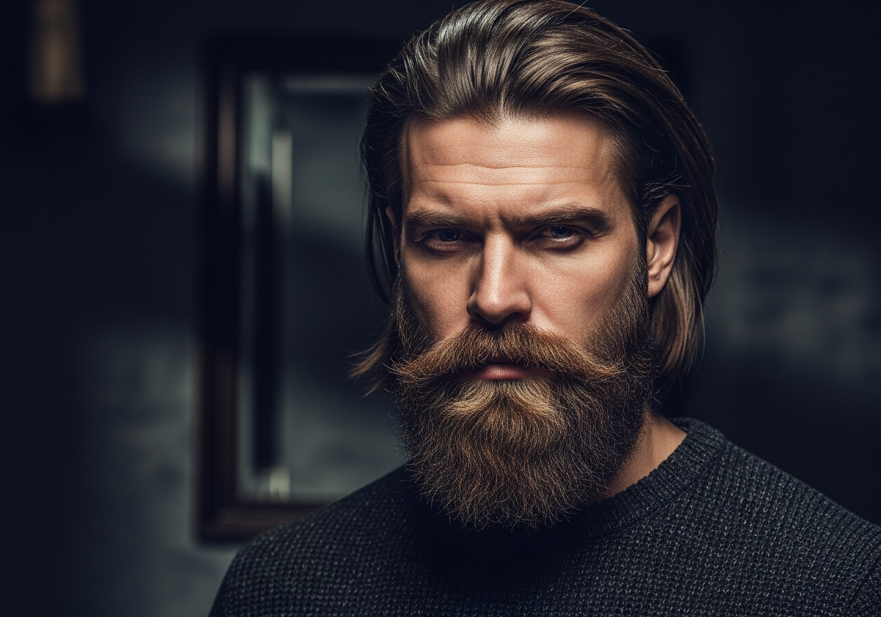 Men's Long Hair with Beard 2026 - Shoulder-length straight hair paired with full beard combo