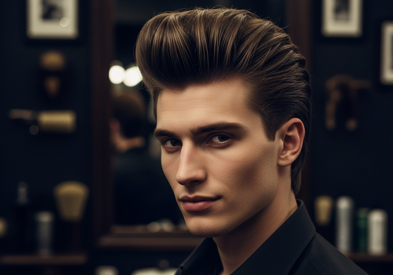Men's Long Pompadour Straight Hair 2026 - Shoulder-length straight hair swept into voluminous modern pompadour