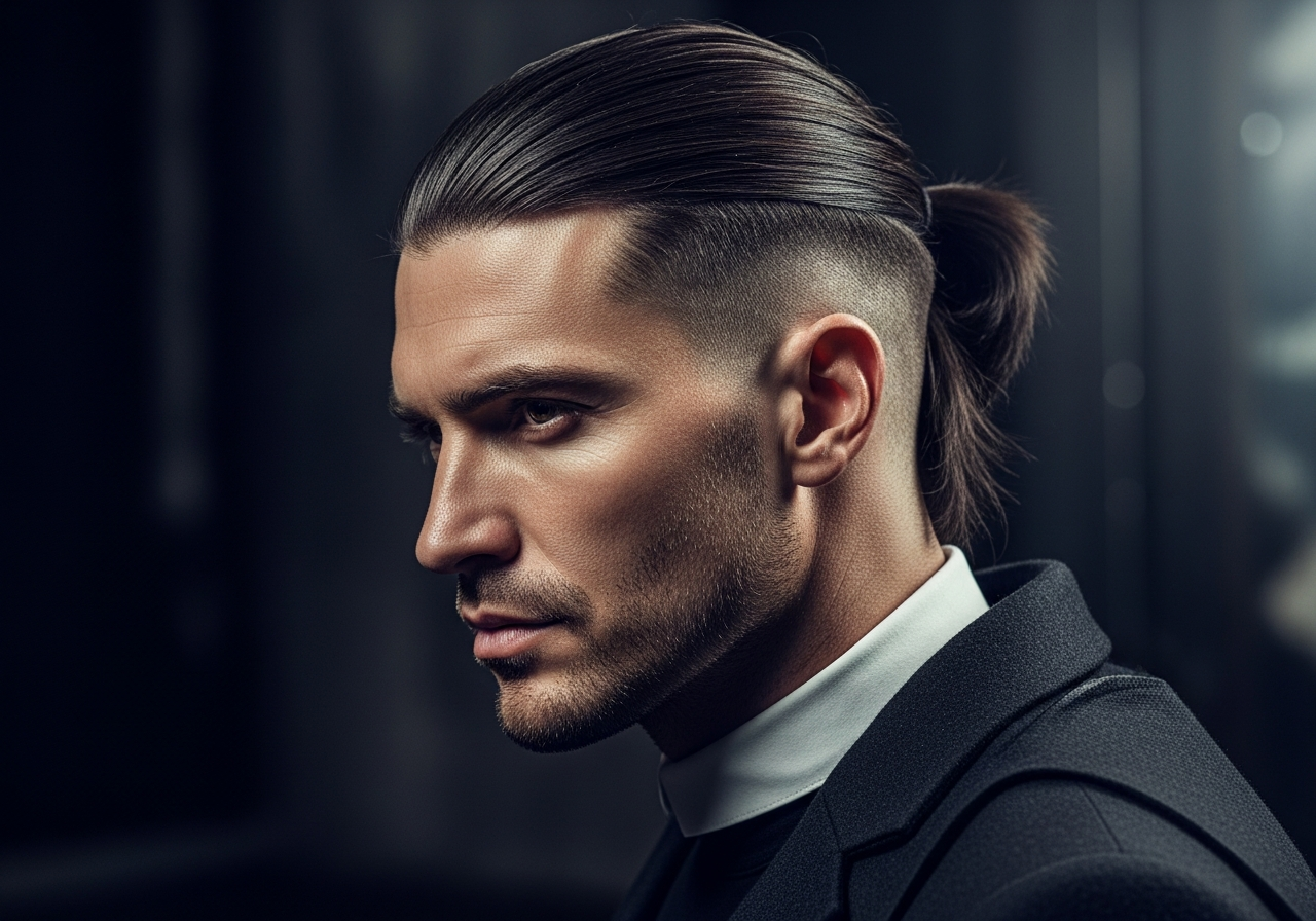 Men's Long Ponytail Undercut Hairstyle 2026 - Long top in ponytail with sharp undercut sides