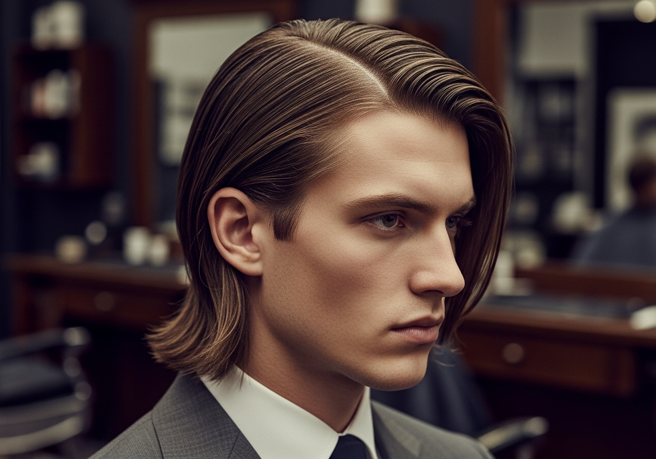 Men's Long Side Parted Hair Hairstyle 2026 - Shoulder-length straight hair with clean side part