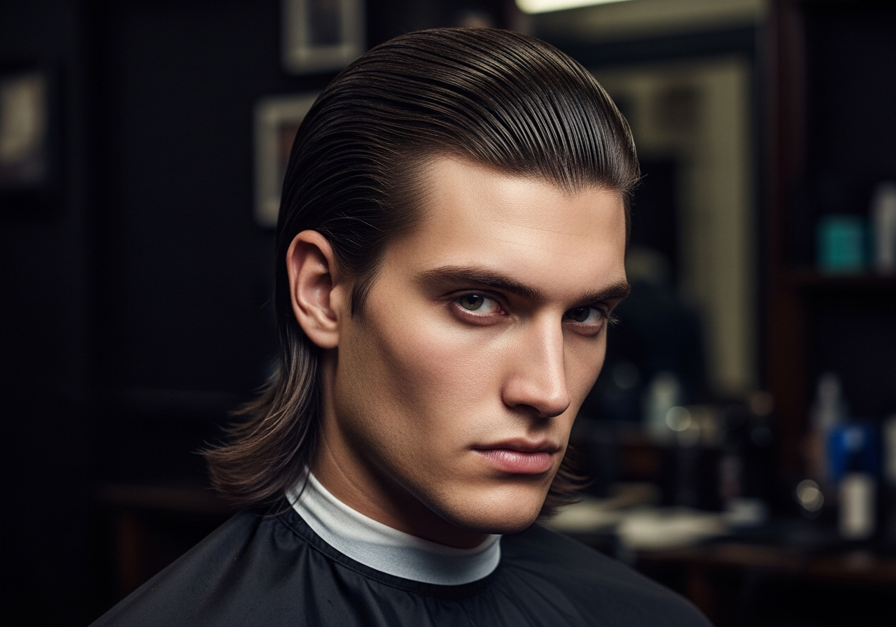 Men's Long Slicked-Back Hair Hairstyle 2026 - Shoulder-length straight hair slicked back smoothly