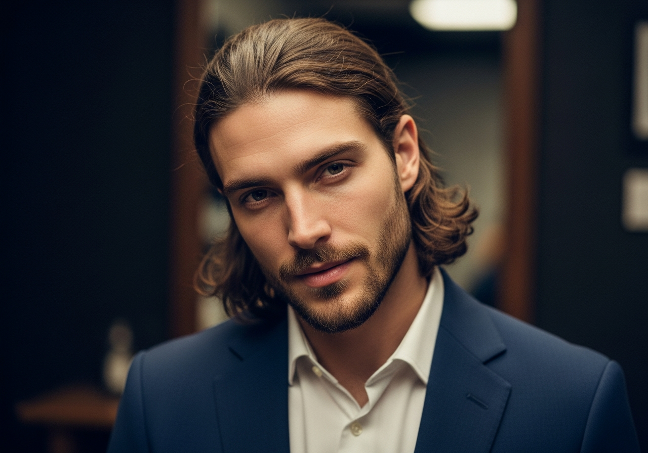 Men's Low Ponytail Long Hairstyle 2026 - Relaxed shoulder-length straight hair in low ponytail
