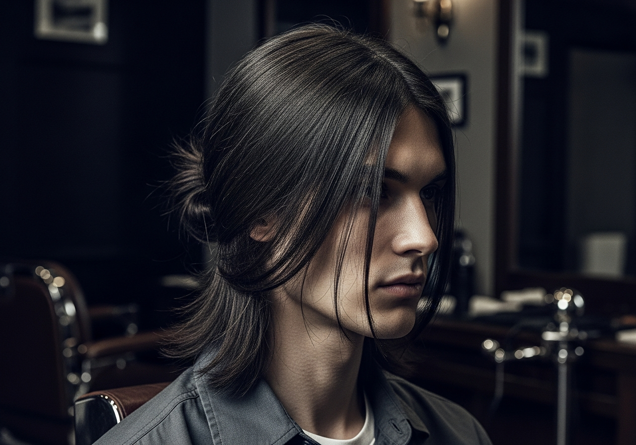 Men's Messy Low Bun Long Hair 2026 - Shoulder-length straight hair in loose messy low bun