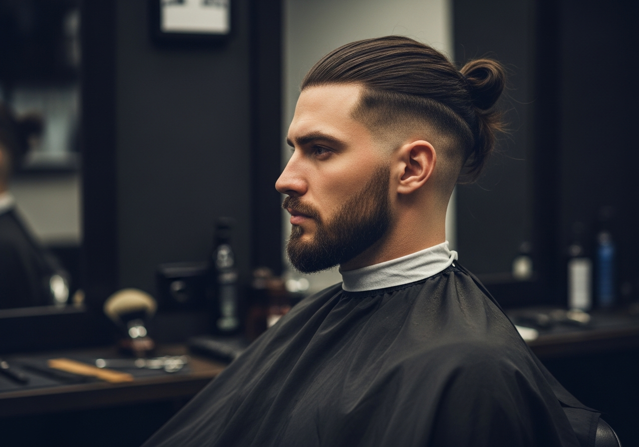 Men's Modern Man Bun Long Hair 2026 - Shoulder-length hair tied in neat bun with faded sides