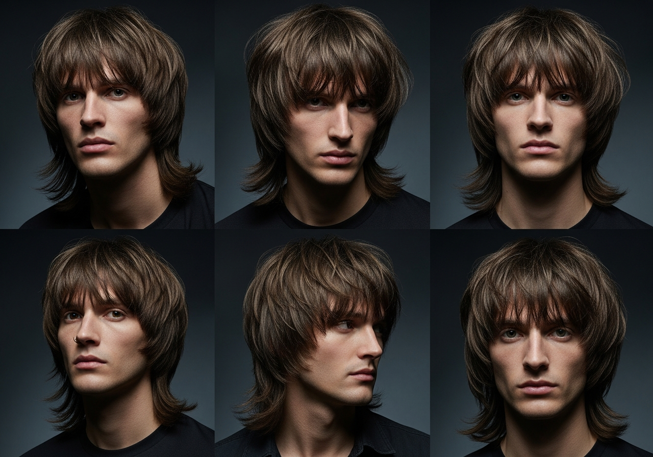 Men's Wolf Cut Long Hair Hairstyle 2026 - Edgy shoulder-length shaggy layers with curtain bangs