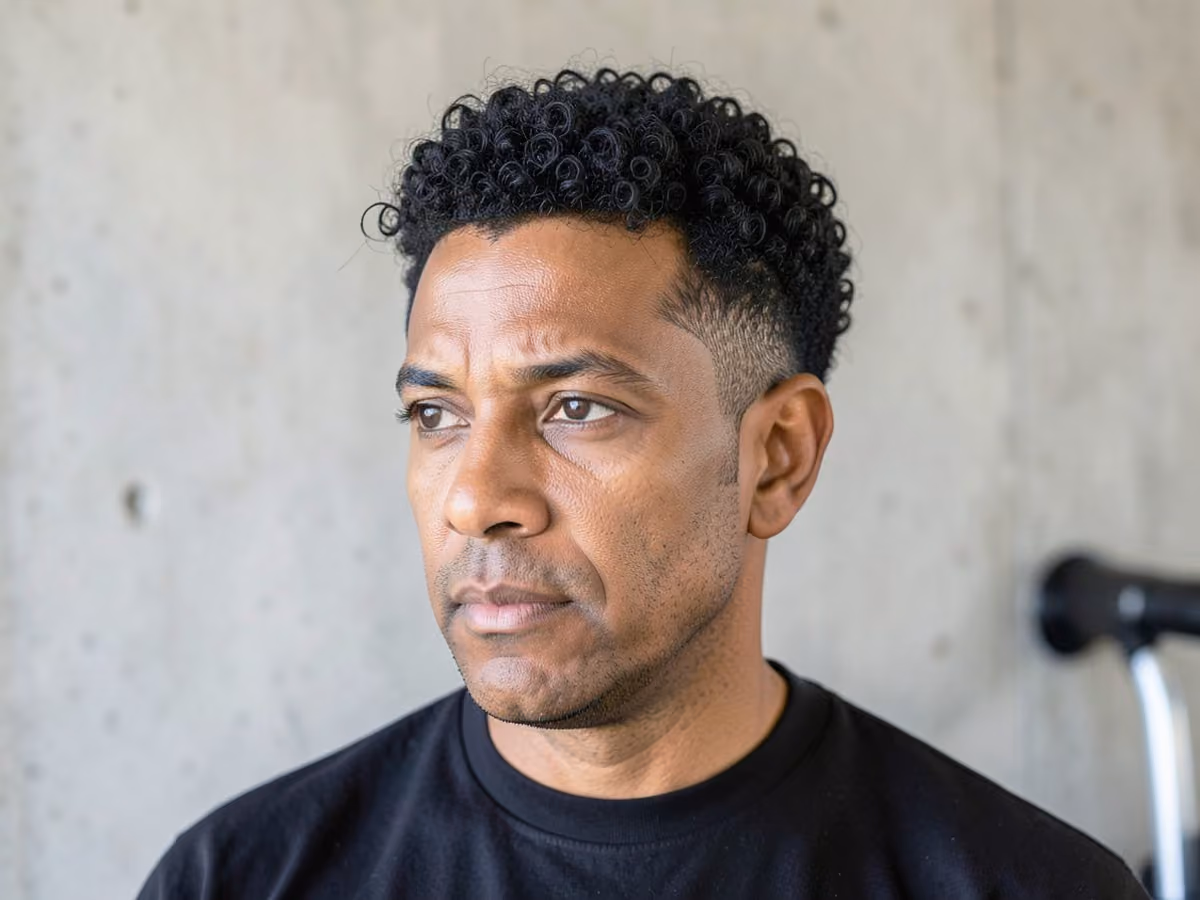 Man with a low maintenance curly haircut