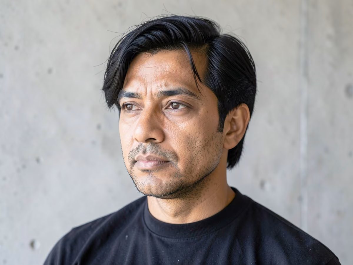 Man with a low maintenance curtains haircut