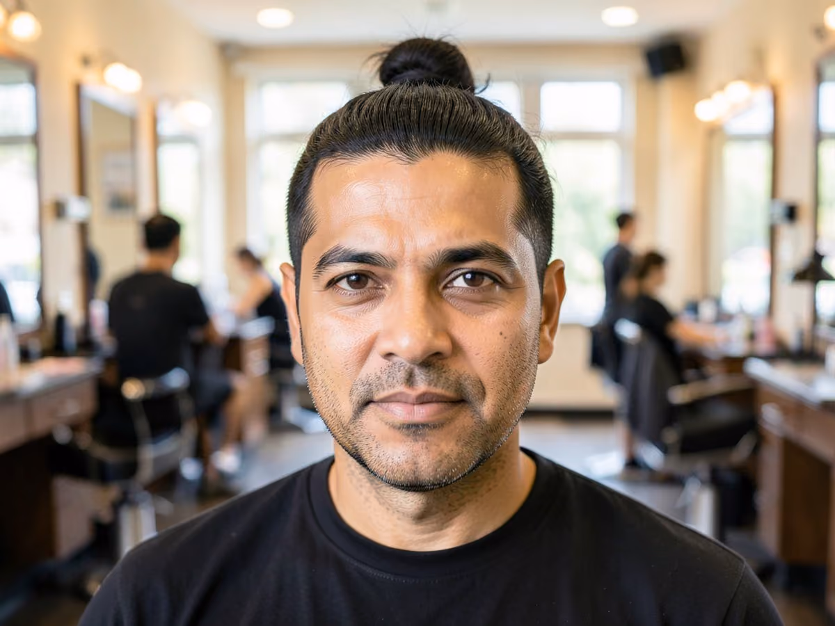 Man with a low maintenance man bun haircut