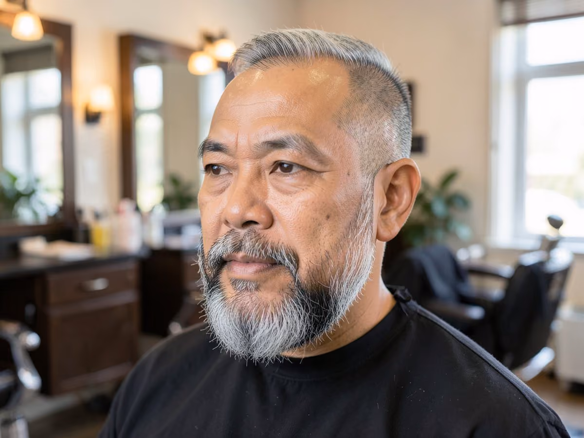 Man with a shaved head with full beard haircut